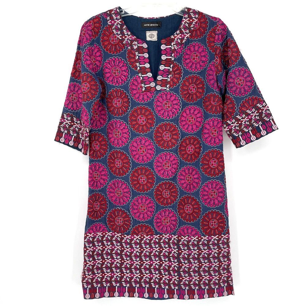 Antik Batik Embroidered Boho Bohemian Tunic Dress Size S 38 Blue Floral Lined